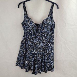 Win.Max Women's (16) Blue & Black Tropical One-Piece Built in Bra Swim Dress